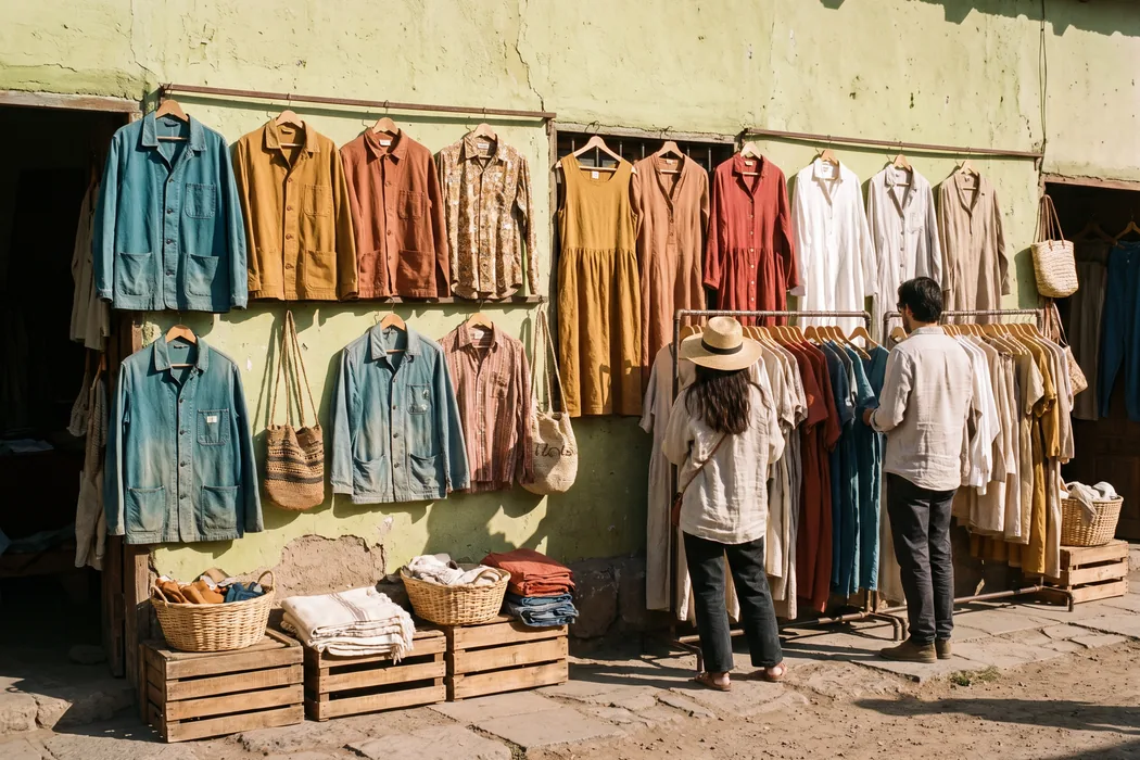 Puesto de ropa en una feria, con las prendas colgadas al sol.